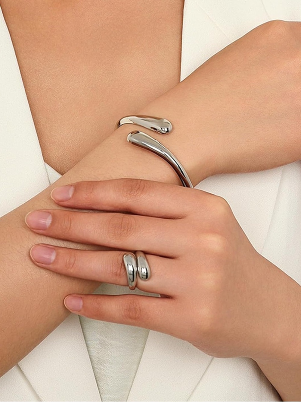 Silver Open Cuff Bracelet and Ring Set